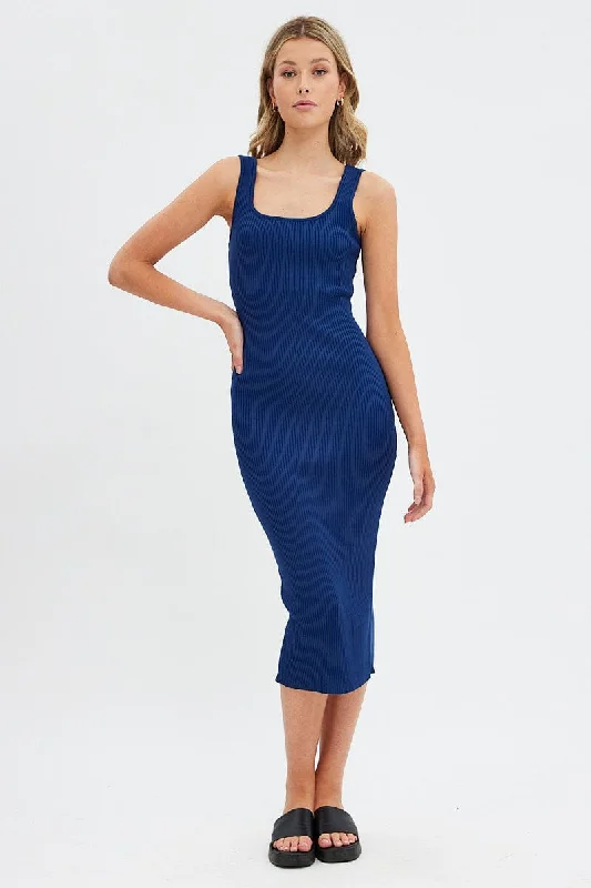 Bodycon Dress with Pleated Detail -Blue Knit Midi Dress Sleeveless Scoop Neck Bodycon Rib Bodycon Dress with Pleated Detail -Blue Knit Midi Dress Sleeveless Scoop Neck Bodycon Rib