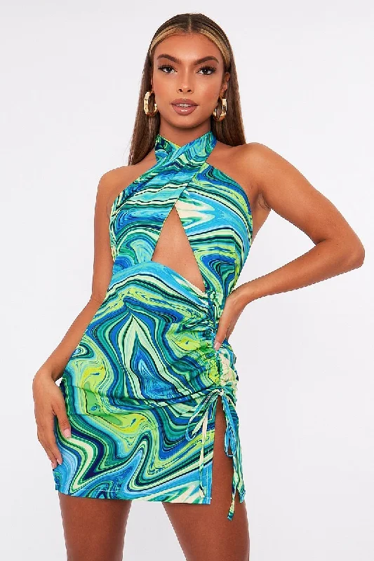 Women's Casual Ribbed Mini Dress-Blue Marble Halter Neck Cut Out Ruched Mini Dress - Oliviyah Women's Casual Ribbed Mini Dress-Blue Marble Halter Neck Cut Out Ruched Mini Dress - Oliviyah