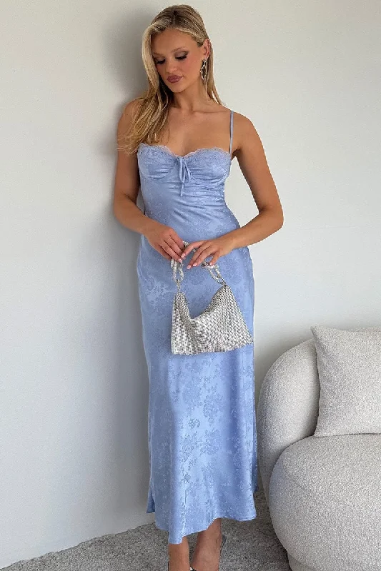 Women's Casual Shift Maxi Dress-Blue Maxi Dress Back Tie Satin