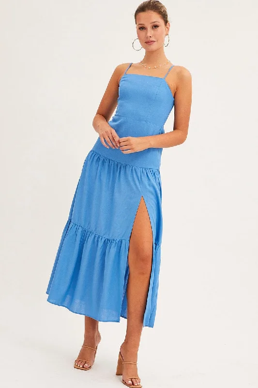 Women's Spaghetti Strap Maxi Dress-Blue Maxi Dress Sleeveless Square Neck Linen Blend Women's Spaghetti Strap Maxi Dress-Blue Maxi Dress Sleeveless Square Neck Linen Blend