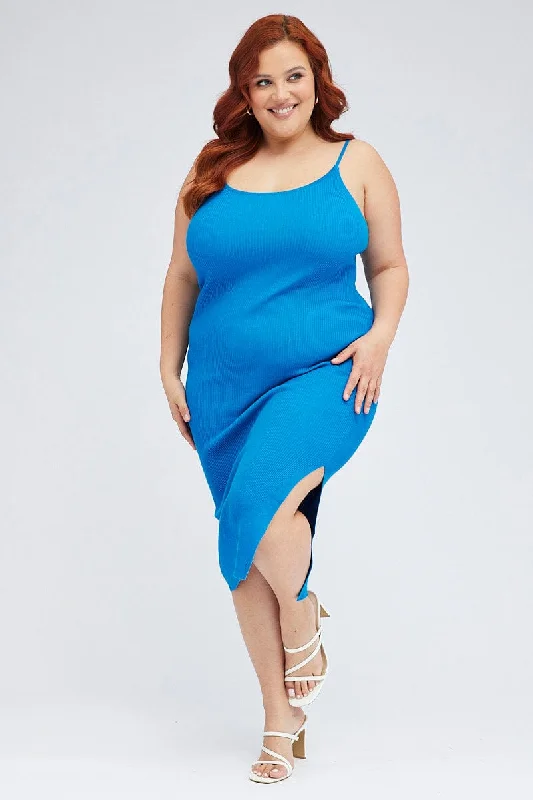 Women's Blue Lace Bodycon Dress -Blue Midi Knit Bodycon Dress Scoop Neck Sleeveless Women's Blue Lace Bodycon Dress -Blue Midi Knit Bodycon Dress Scoop Neck Sleeveless