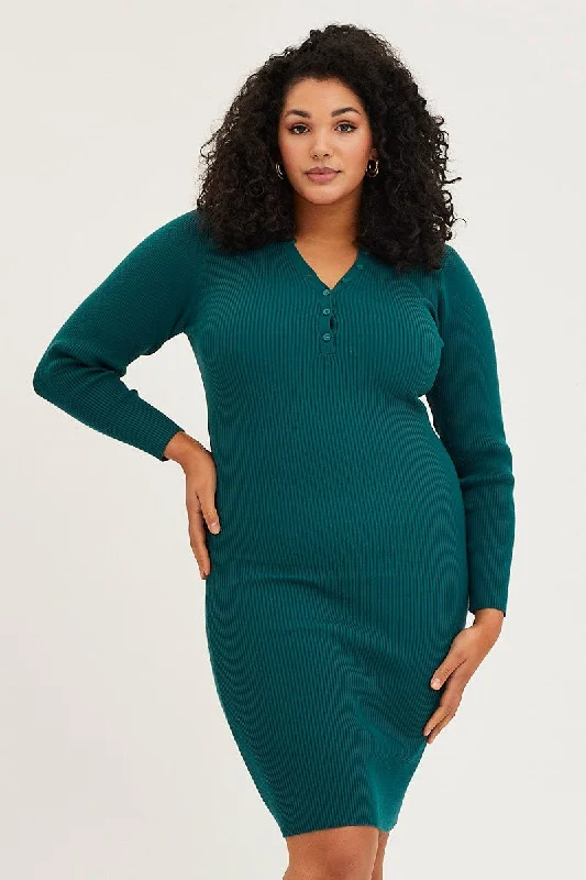 Women's Red Satin Bodycon Dress -Blue Midi Knit Bodycon Dress V-neck Long Sleeve