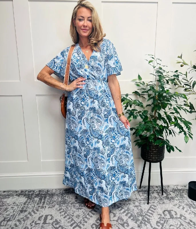 Women's Casual Long Sleeve Floral Maxi Dress-Blue Printed Wrap Front Maxi Dress