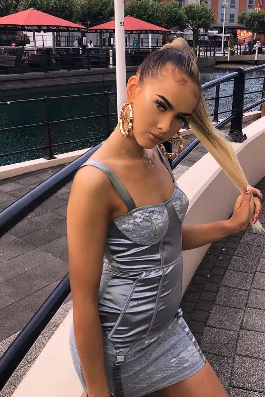 Women's A-line Bodycon Dress with Lace -Blue Satin Lace Detail Bodycon Dress - Niani Women's A-line Bodycon Dress with Lace -Blue Satin Lace Detail Bodycon Dress - Niani