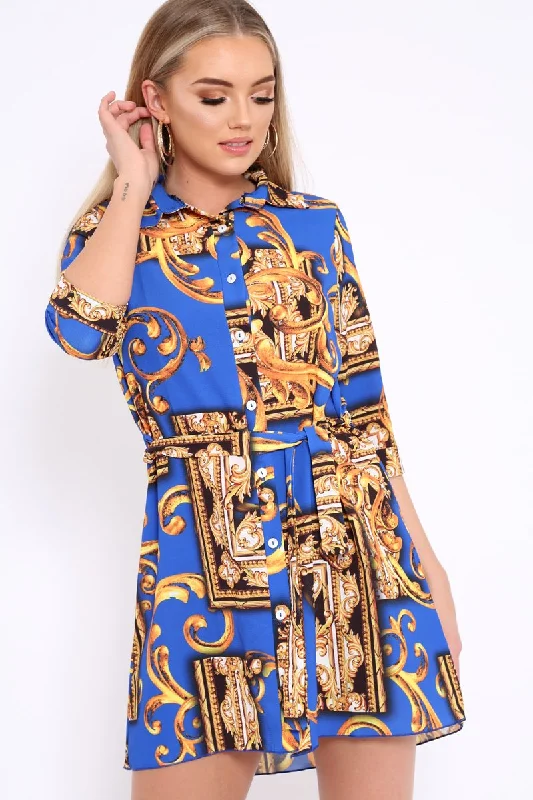 Stylish Casual Plaid Shirt Dress-Blue Scarf Print Shirt Dress - Kyah