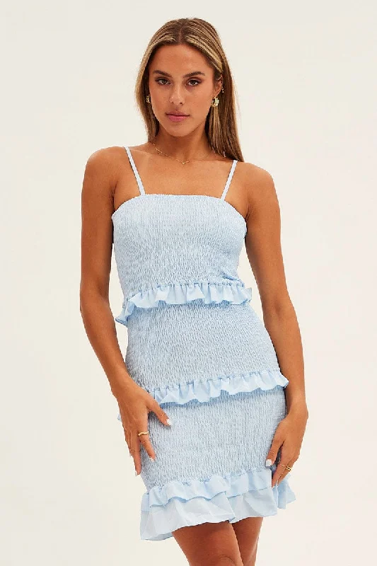 Women's Blue Bodycon Dress for Office -Blue Shirred Bodycon Dress