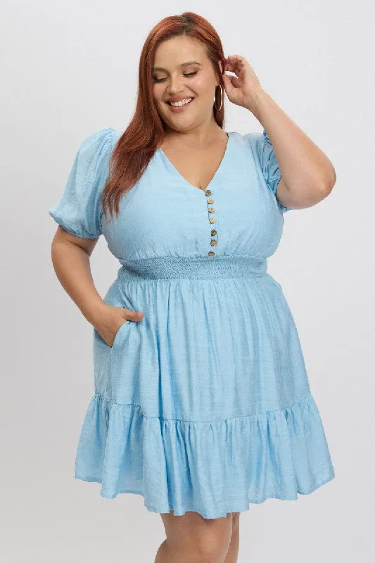 Women's Halter Neck Lace Mini Dress-Blue Shirred Waist Button Mini Dress