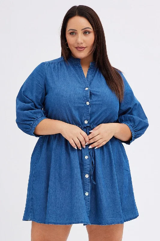 Women's Cotton Plaid Shirt Dress-Blue Shirt Dress Denim Look Puff Sleeve