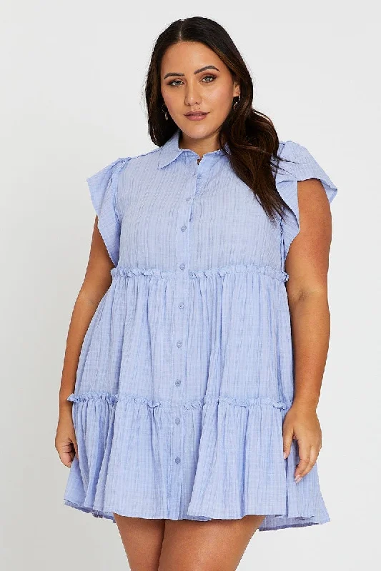 A-line Denim Shirt Dress-Blue Short Frill Sleeve Textured Frill Black Shirtdress