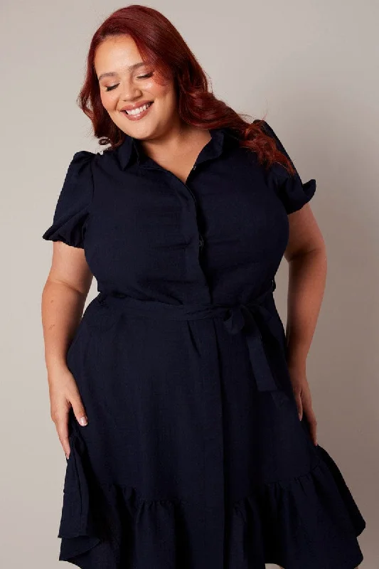 Plaid Wool Shirt Dress-Blue Short Sleeve Mini Puff Sleeve Shirtdress