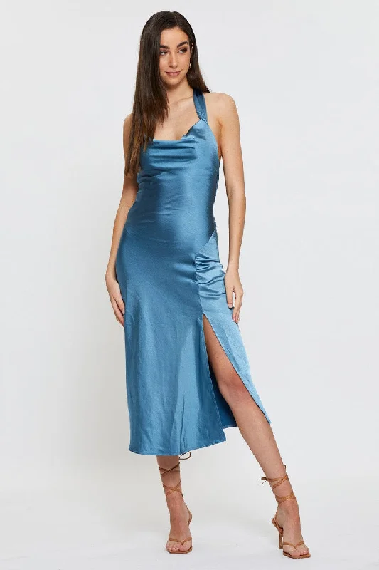 Modern Satin Slip Dress for Cocktail -Satin Slip Dress for Summer Wear -Blue Slip Dress Midi Satin