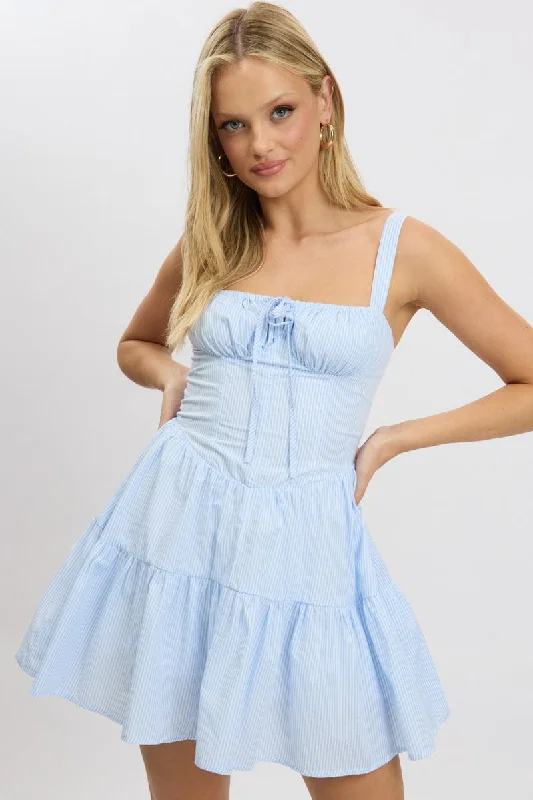 Mini Flare Dress -Blue Stripe Fit And Flare Dress Mini Gathered Bust