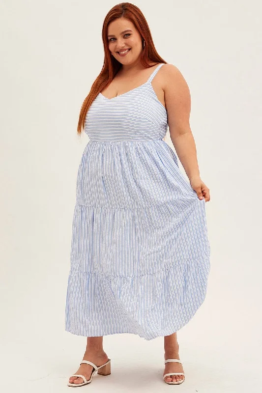 Women's Pleated Back Maxi Dress-Blue Stripe Maxi Dress Sleeveless V-neck Tiered
