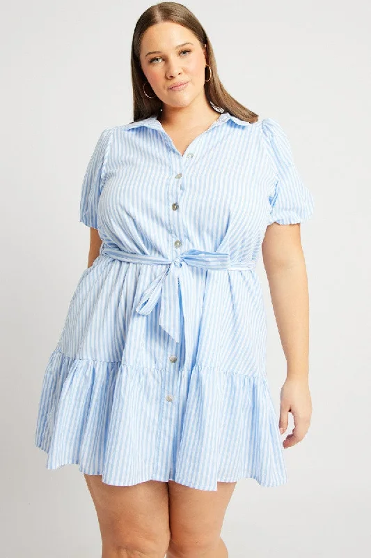 Printed Sleeve Shirt Dress-Blue Stripe Shirt Dress