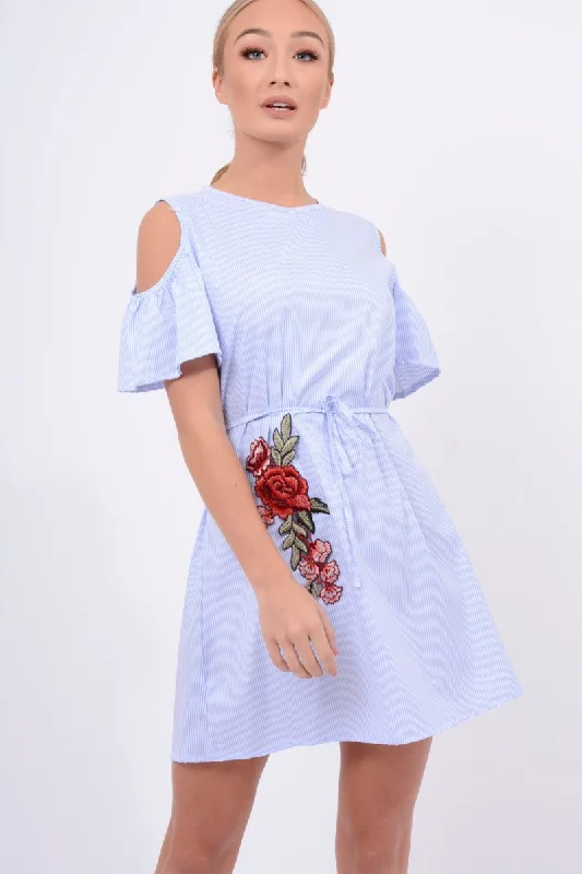 Casual Black Shirt Dress-Blue Striped Cold Shoulder Embroidered Shirt Dress - Isadora Casual Black Shirt Dress-Blue Striped Cold Shoulder Embroidered Shirt Dress - Isadora