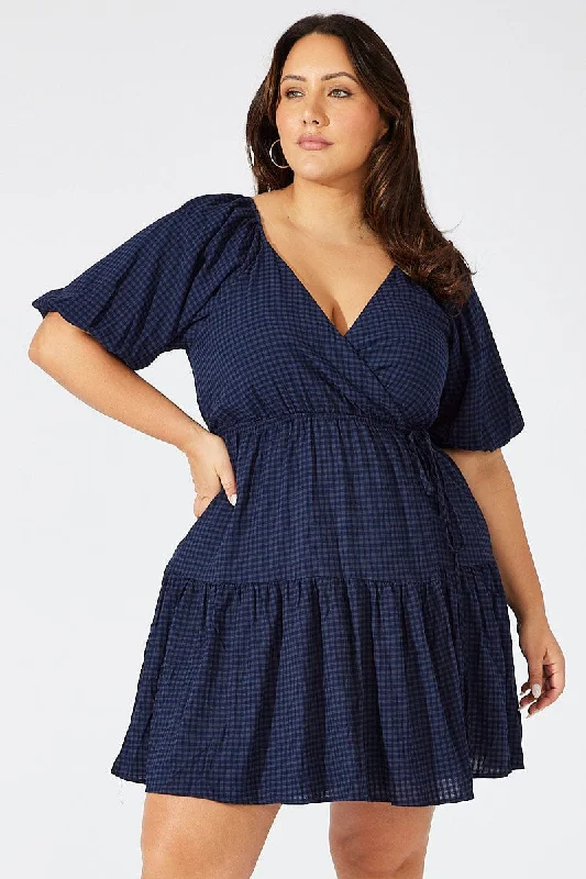Mini Wrap Dress for Casual Wear -Wrap Dress with Pleated Skirt -Blue Textured Cotton Wrap Frill Minidress Mini Wrap Dress for Casual Wear -Wrap Dress with Pleated Skirt -Blue Textured Cotton Wrap Frill Minidress