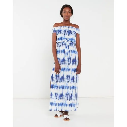Women's Pleated Mesh Maxi Dress-Blue Tie Dye Maxi Dress