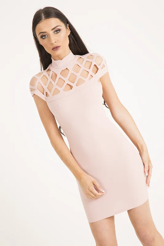 Black Mesh Bodycon Dress -Blush Cage High Neck Bodycon Dress - Kade