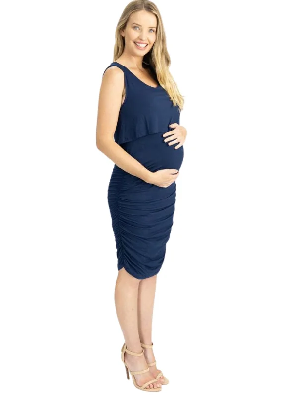 Bodycon Dress with Tiered Ruffles -Bodycon Sleeveless Maternity & Nursing Dress - Blue Bodycon Dress with Tiered Ruffles -Bodycon Sleeveless Maternity & Nursing Dress - Blue