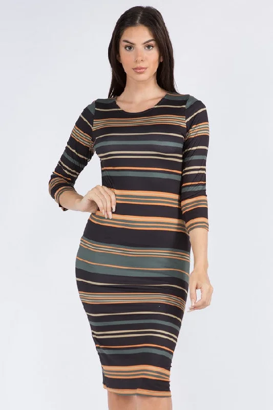Women's Casual Red Bodycon Dress -Bold Striped Midi Bodycon Dress