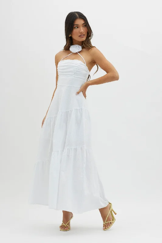 Women's Satin A-line Maxi Dress-Bondi Rose Decoration Maxi Dress White