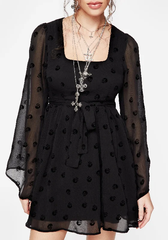 Women's White Lace Mini Dress-Bones Flocked Chiffon Mini Dress