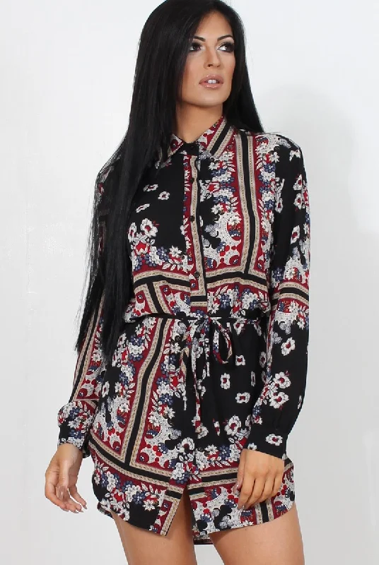 Simple Long-sleeve Plaid Shirt Dress-Bono Black Paisley Print Shirt Dress