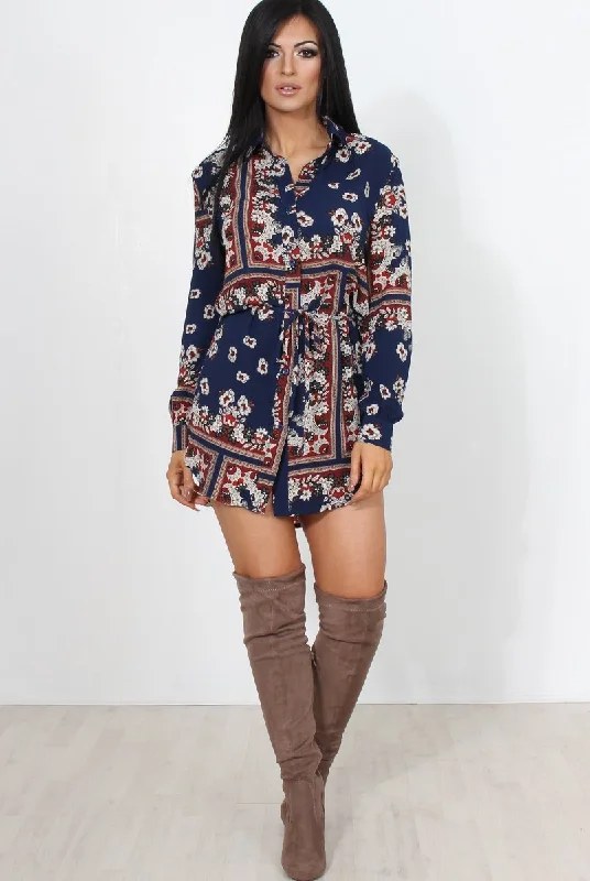Women's Blue Shirt Dress-Bono Navy Paisley Print Shirt Dress