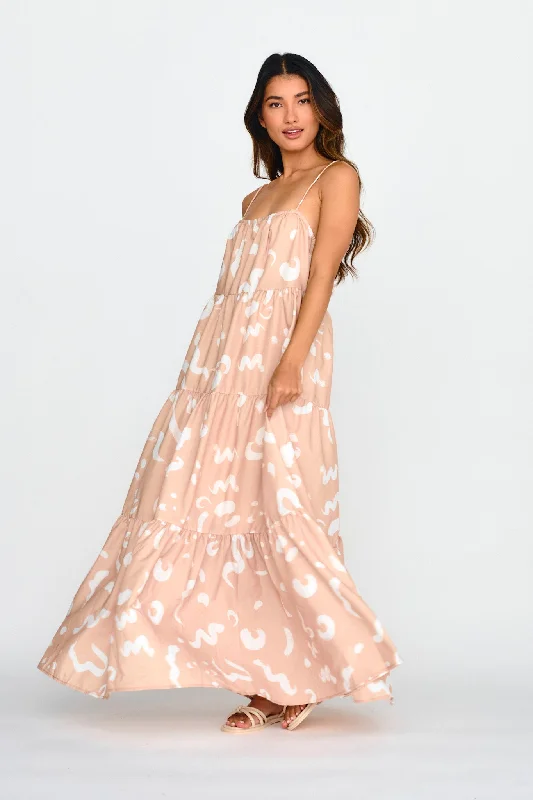 Women's Denim Maxi Dress-Bora Bora Tied Back Maxi Dress Print Beige