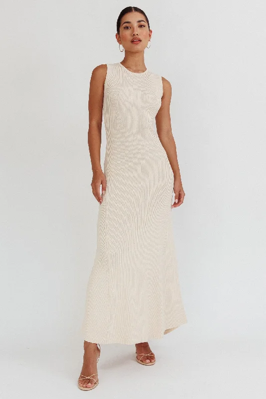 Women's Shift Maxi Dress-Braylee Sleeveless Ribbed Knit Maxi Dress Cream
