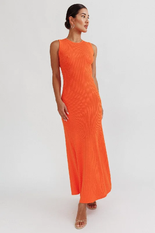 Women's Floral Print Maxi Dress-Braylee Sleeveless Ribbed Knit Maxi Dress Orange