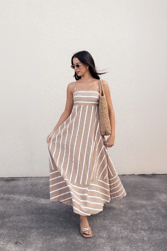 Women's Boho Maxi Dress-Brea Maxi Dress - Tan Stripe