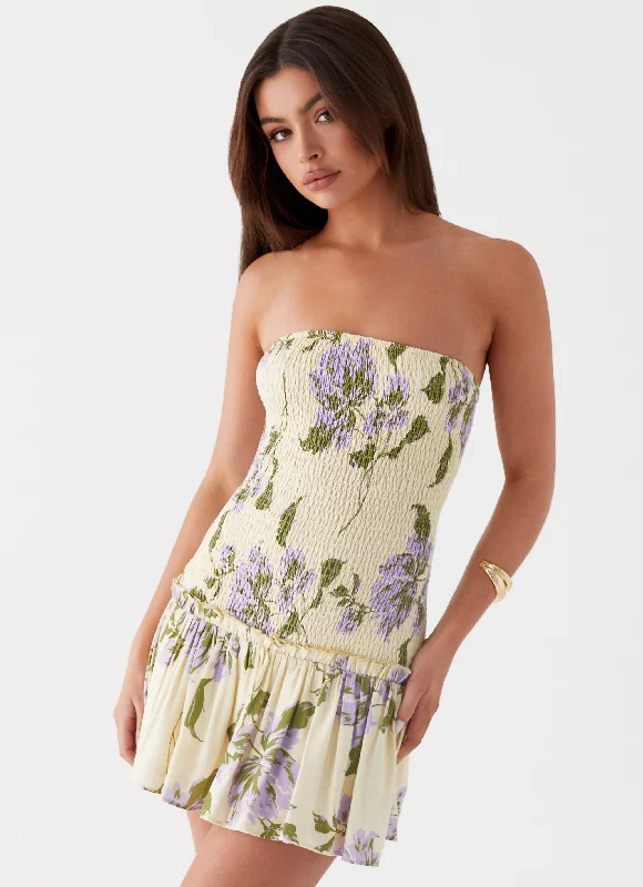 Women's Checkered Bodycon Mini Dress-Break From Toronto Linen Mini Dress - Yellow Purple Floral