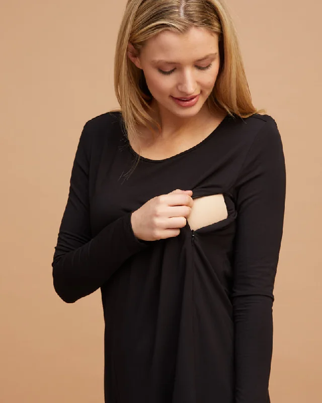 Off-the-shoulder Shirt Dress-Breastfeeding T-Shirt Dress - Black