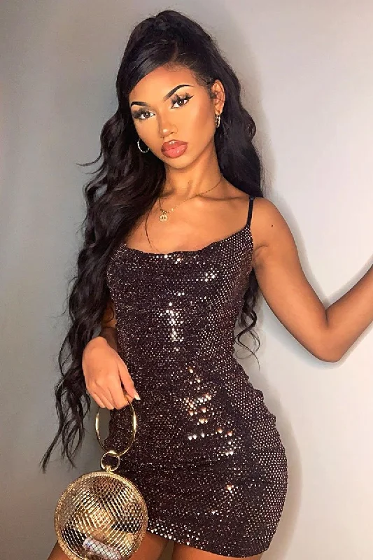 Women's Casual Bodycon Dress for Day Out -Bronze Disco Sequin Cowl Neck Mini Bodycon Dress - Jisela Women's Casual Bodycon Dress for Day Out -Bronze Disco Sequin Cowl Neck Mini Bodycon Dress - Jisela