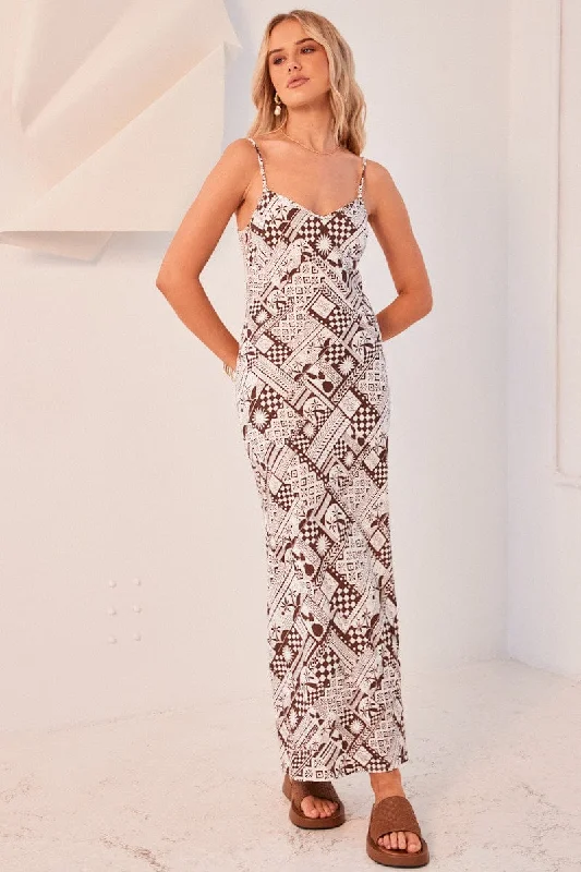Women's Vintage Maxi Dress-Brown Abstract Maxi Dress Bias Cut Linen Blend