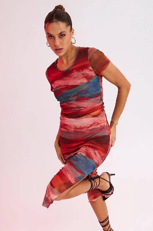 Bodycon Dress with Gold Accents -Brown Abstract Midi Dress Short Sleeve Bodycon Mesh Bodycon Dress with Gold Accents -Brown Abstract Midi Dress Short Sleeve Bodycon Mesh
