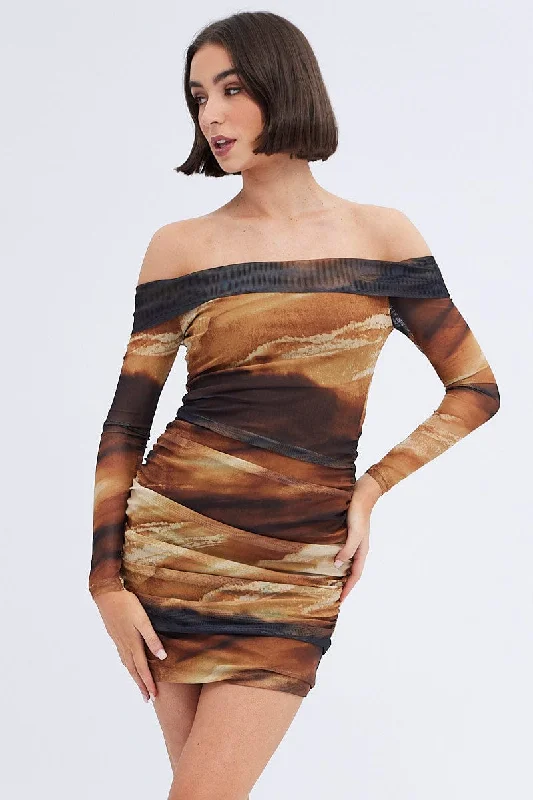 Sexy Bodycon Dress for Clubbing -Brown Abstract Mini Dress Bardot Off Shoulder Bodycon Ruched Sexy Bodycon Dress for Clubbing -Brown Abstract Mini Dress Bardot Off Shoulder Bodycon Ruched