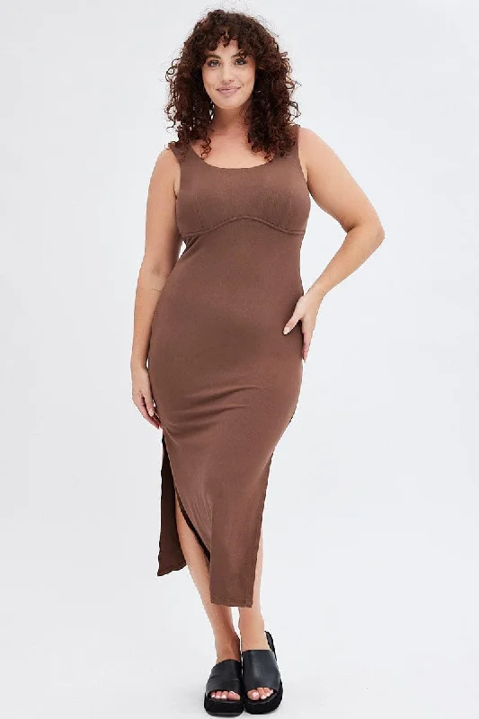 Bodycon Dress for Fall -Brown Bodycon Dress Rib Jersey Sleeveless Midi