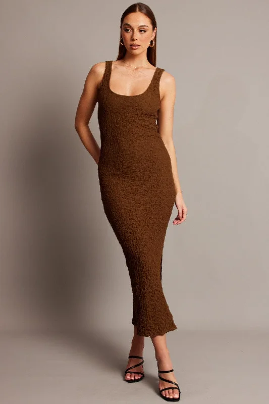Bodycon Dress with Sweetheart Neck -Brown Bodycon Dress Sleeveless Textured