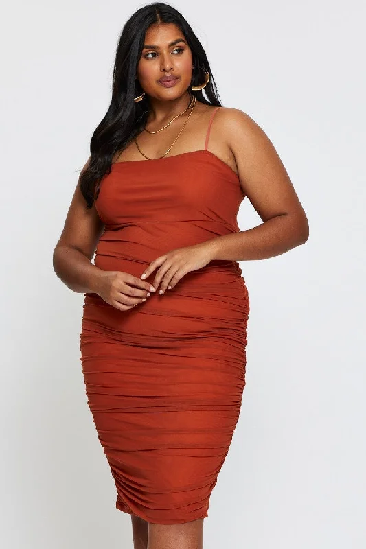 Bodycon Dress with Two-tone Details -Brown Bodycon Dress Square Neck Sleeveless Midi