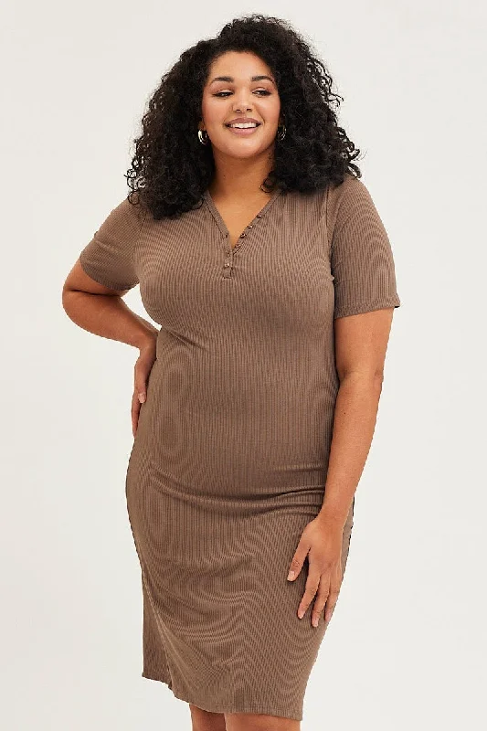 Women's Bodycon Dress for New Year's Eve -Brown Bodycon Dress V-neck Long Sleeve Rib