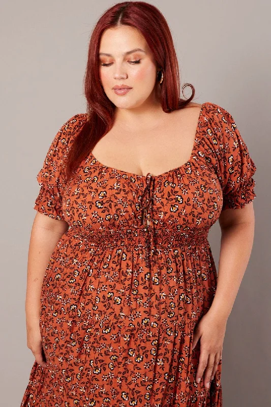 Women's Flared Maxi Dress-Brown Boho Maxi Dress Short Sleeve Cut Out Tiered