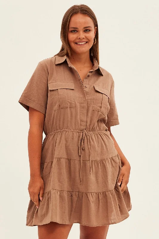 Simple Casual Shirt Dress-Brown Cargo Shirtdress Short Sleeve Cotton Mini