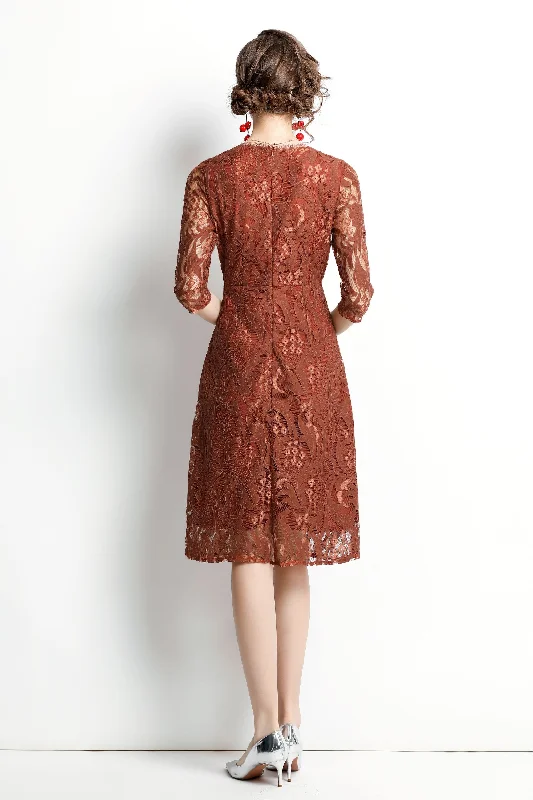 Full-Length Party Dress for Extravagant Look -Brown Cocktail & Party A-line Crewneck Elbow Sleeve Knee Lace Dress
