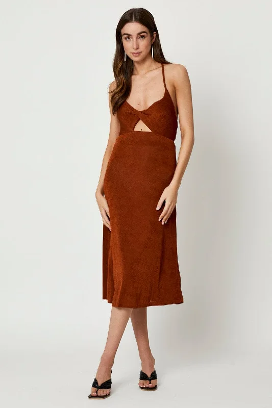 Soft Slip Dress for Day-to-Night -Red Satin Slip Dress with Lace Panels -Brown Cut Out Slip Dress