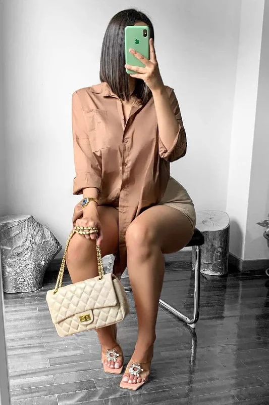 Linen Shirt Dress-Brown Dipped Hem Oversized Shirt Dress - Nicola