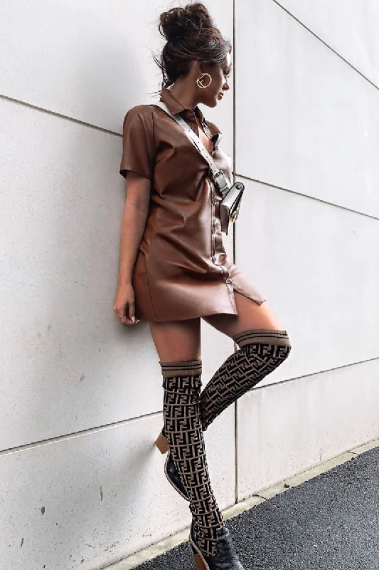 Women's Printed Casual Shirt Dress-Brown Faux Leather Button Up Shirt Dress - Alba
