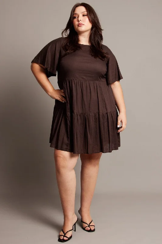 Off-shoulder Flare Dress -Brown Flare Sleeve Smock Minidress