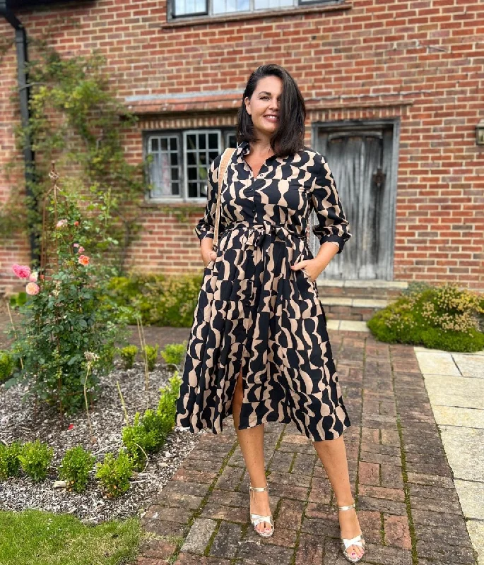 Women's Trendy Shirt Dress-Brown Geo Print Midi Shirt Dress